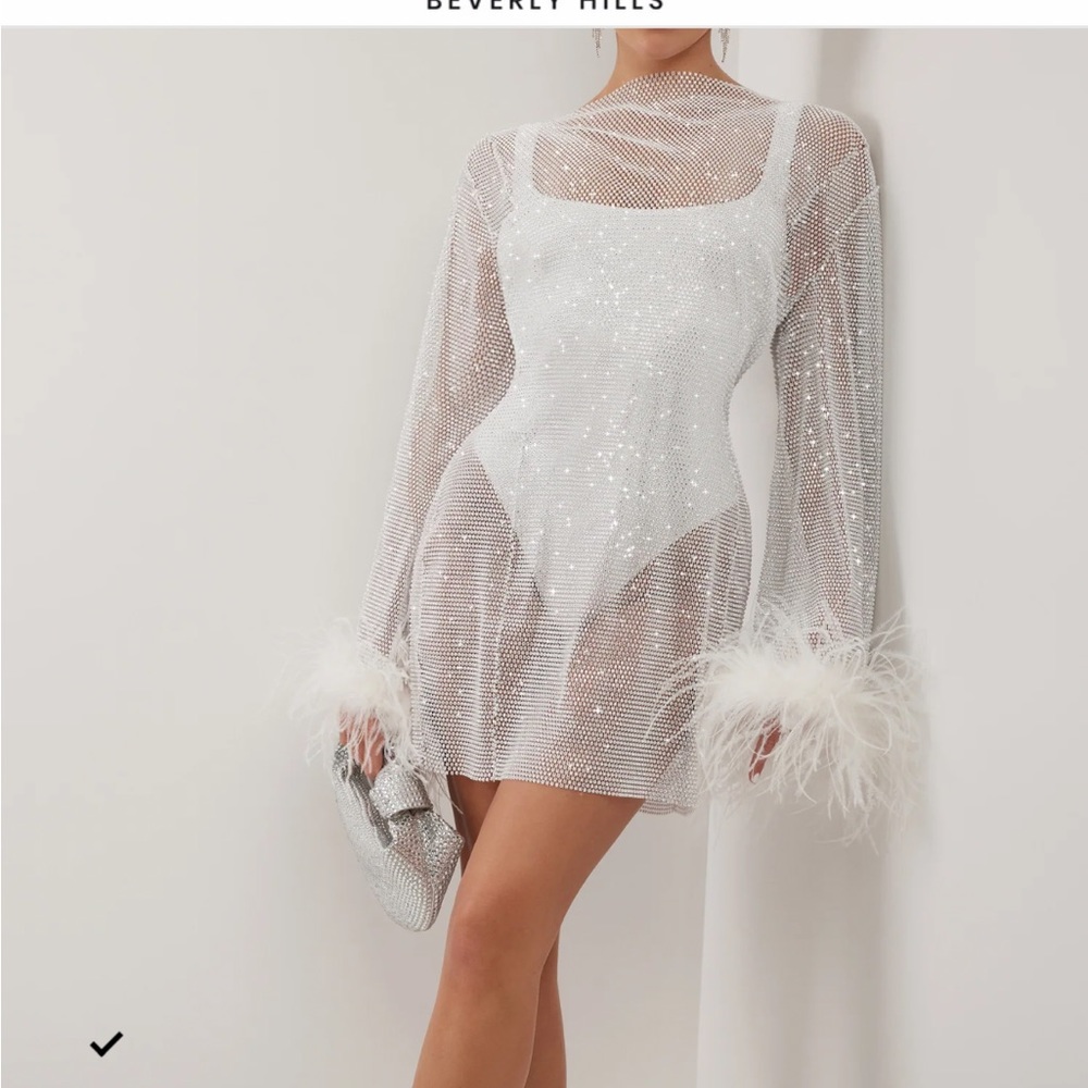Heiress Beverly Hills White crystal embellished feather trim mini dress